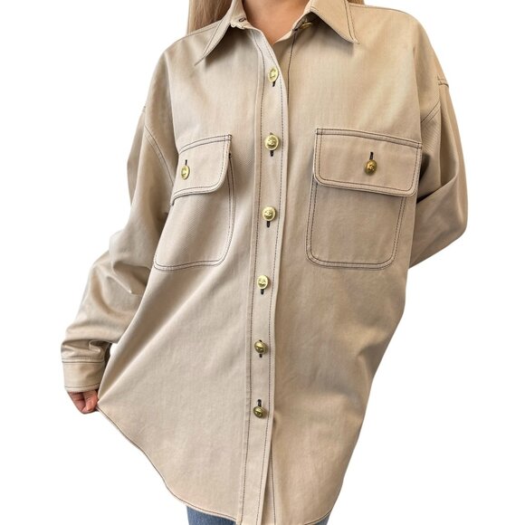 CHANEL Vintage CC Logo Gold Button Denim Shirt Jacket Beige Cotton [106399] - Picture 1 of 11